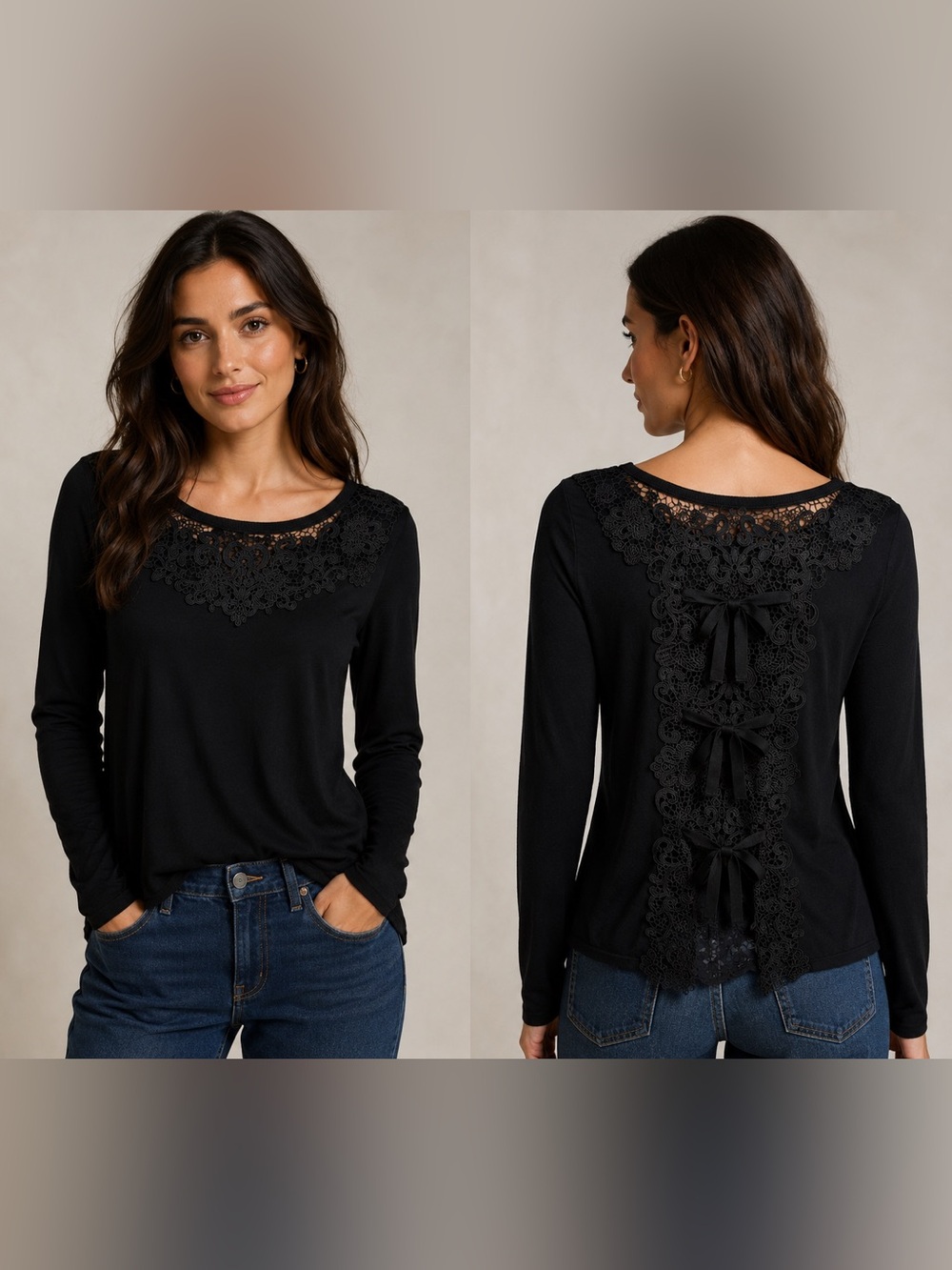 WHBM Black Knit Top Crochet Lace Open Back Bow Detail Long Sleeve Sz M-Preppy